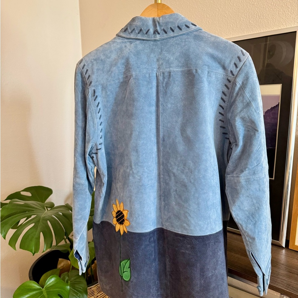 Quacker Factory Light Blue Leather Jacket with sunflowers - Picture 3 of 3